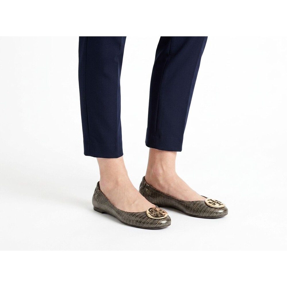 Tory Burch Reva Ballet Flats Metallic Lizard Embossed Gold Logo Size 7 Womens